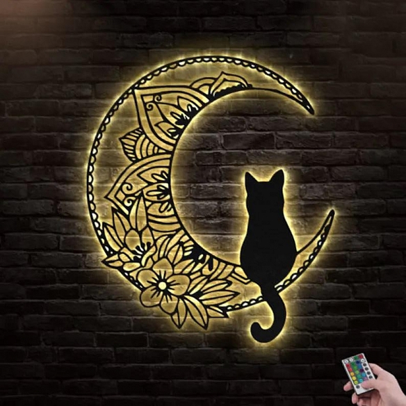 Black Cat On The Moon Metal Wall Art With Led Lights MWA022
