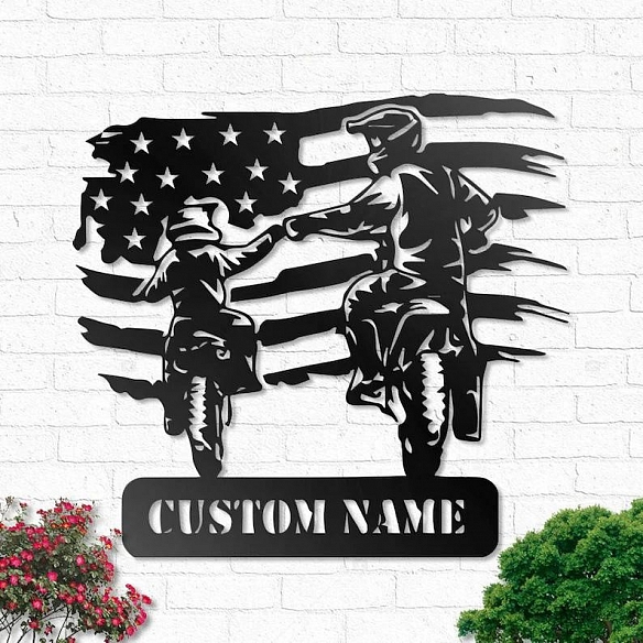 Custom American Motocross Dad and Son Metal Wall Art With Led Lights MWA024