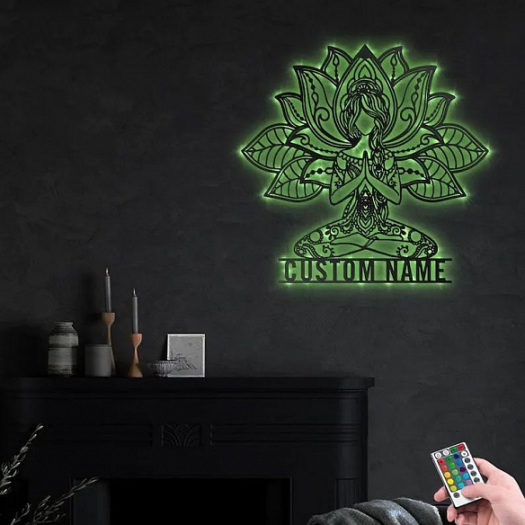 Custom Mandala Yoga Girl Metal Wall Art With LED Lights MWA027