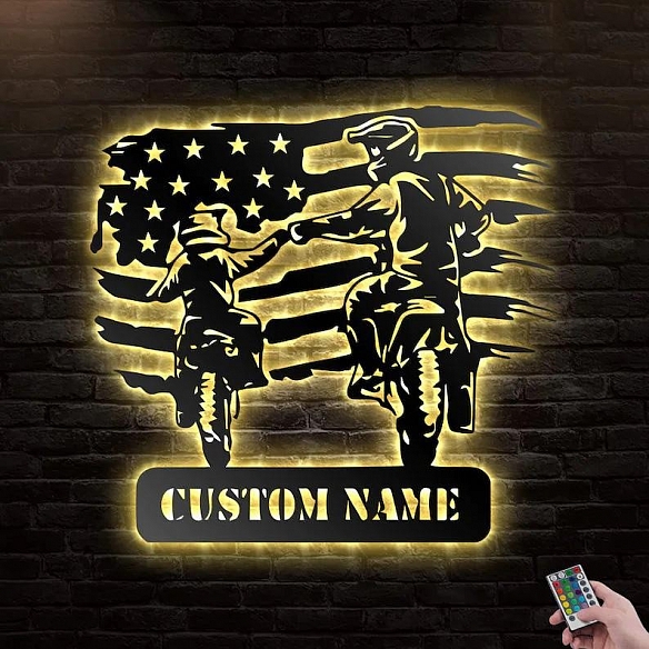 Custom American Motocross Dad and Son Metal Wall Art With Led Lights MWA024