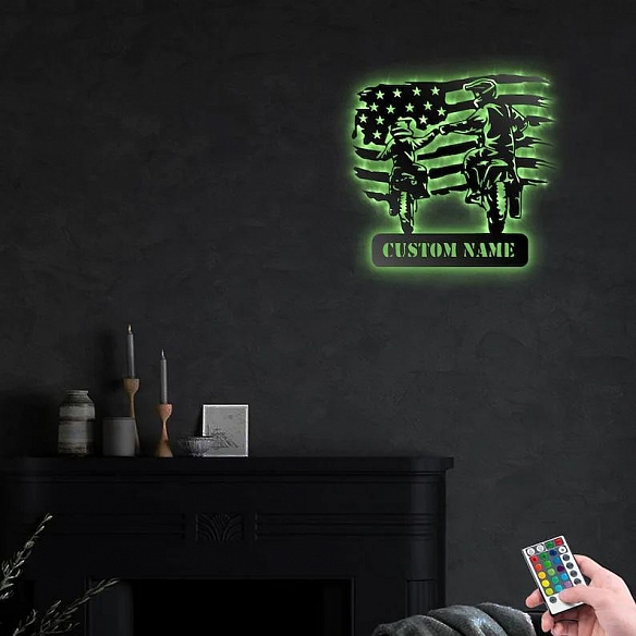 Custom American Motocross Dad and Son Metal Wall Art With Led Lights MWA024