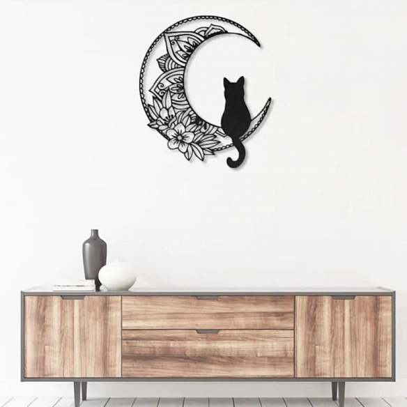 Black Cat On The Moon Metal Wall Art With Led Lights MWA022